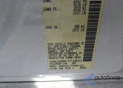 2017 Nissan Altima 2.5 Sr from USA, damaged, VIN 1N4AL3AP8HC274801